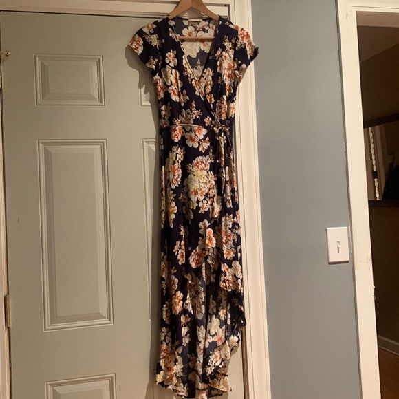Navy Floral Faux Wrap Dress with High-Low Hem. - Picture 1 of 1